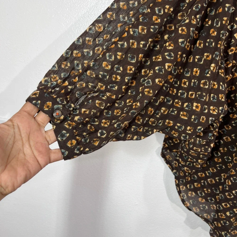 Anthropologie Boho Peasant Blouse M‎ Brown Geometric Print Cotton Sheer Batwing - Picture 9 of 12